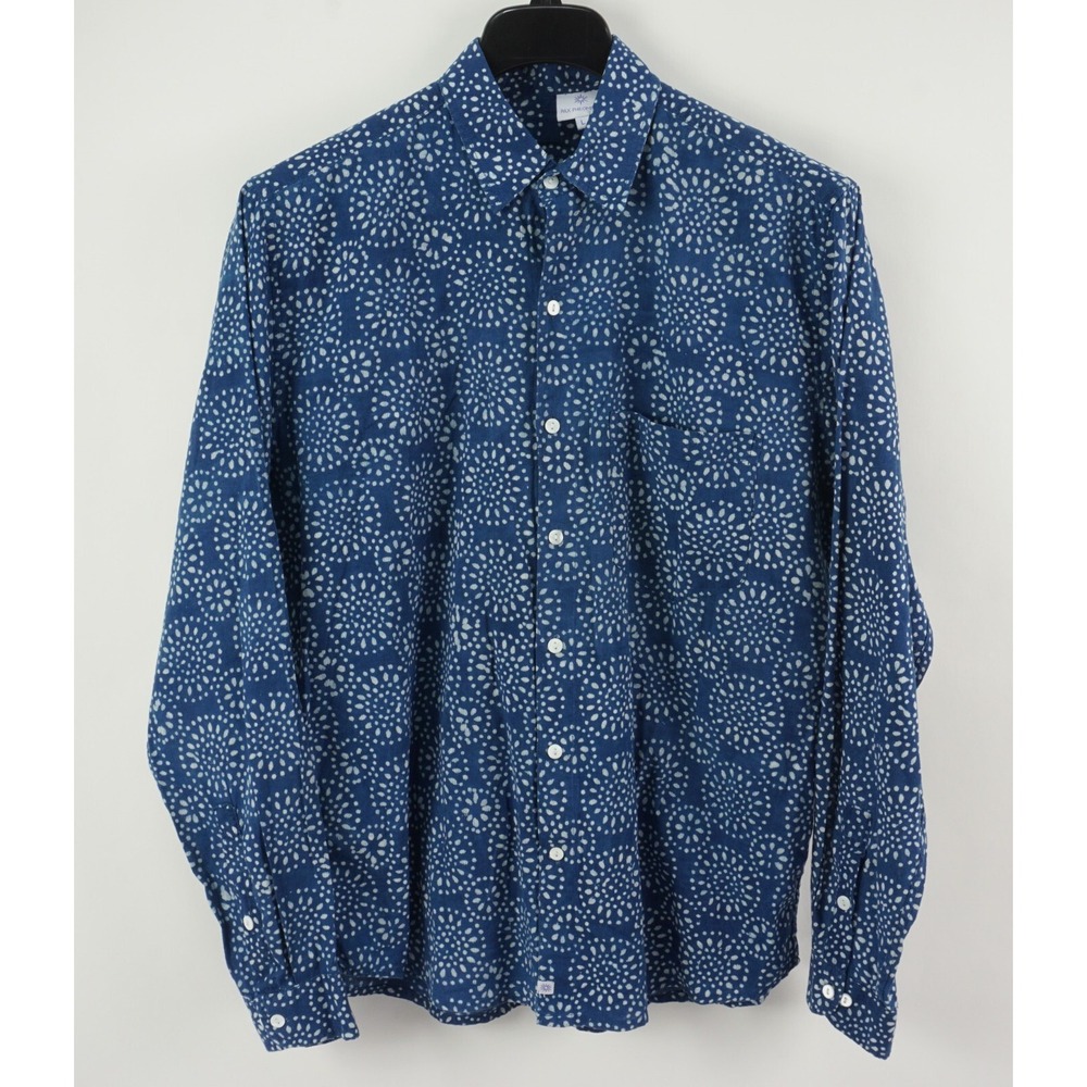 Pax Philomena Linen-Like Indigo Dye Cotton Geometric White Blue Mens Large Shirt